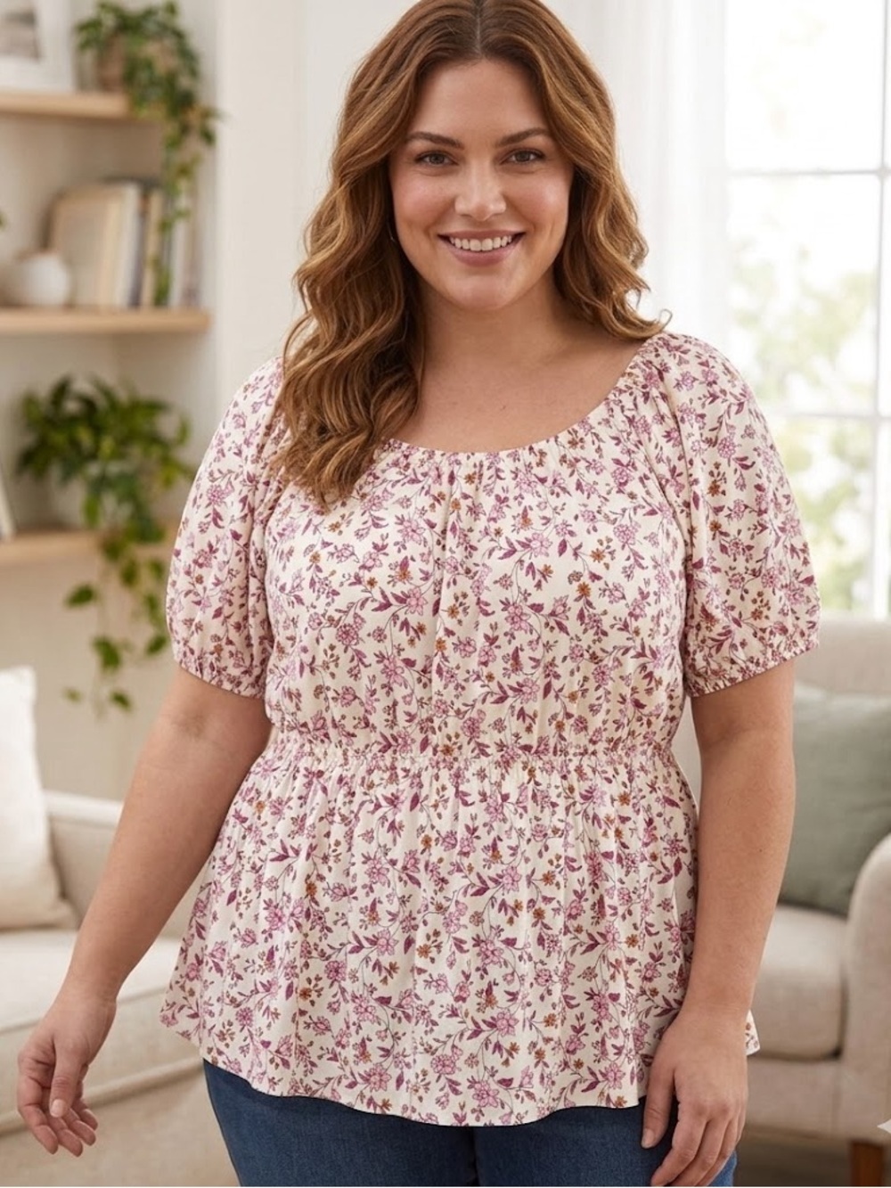 Terra & Sky Cream Floral Smocked Peplum Blouse with Pink Accents